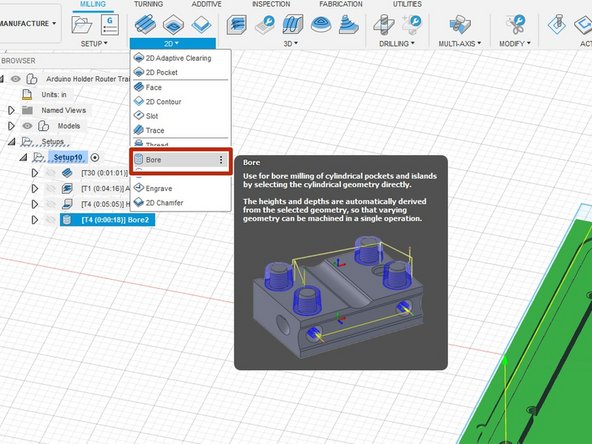 Select the &quot;Bore&quot; operation under &quot;2D.&quot;