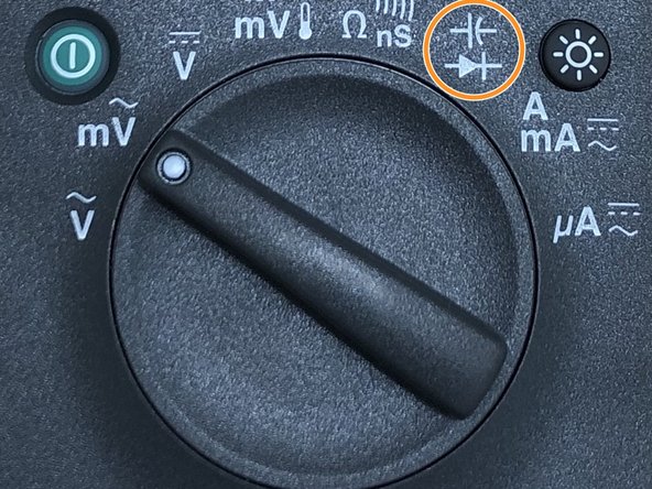 To test a diode out of a circuit, position the rotary switch to the symbol show in the image. Position the two leads as shown in the image