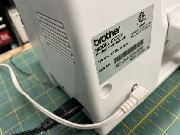 Plug in the foot pedal. This is what turns on the sewing machine and the more you press the faster it goes. (Similar to the welder)