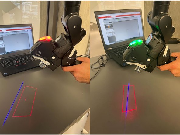 After pressing Start Capture the scanner will emit lasers: a red box and a blue line