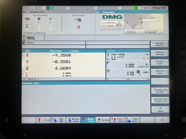 Meas. tool is used to measure tool length and radius. The machine has a built in tool probe which is used by selecting the &quot;auto&quot; length and radius keys. The tool probe is also calibrated in this window using the calibration tool.