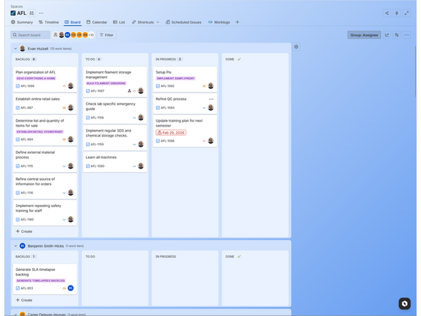 AFL Machine Status - Each printer or laser cutter in our lab has an issue on the AFL Machine Status board, tracking it's current status and any issues it is experiencing. If you see a machine error, go to the relevant item in the board and leave a comment detailing it.