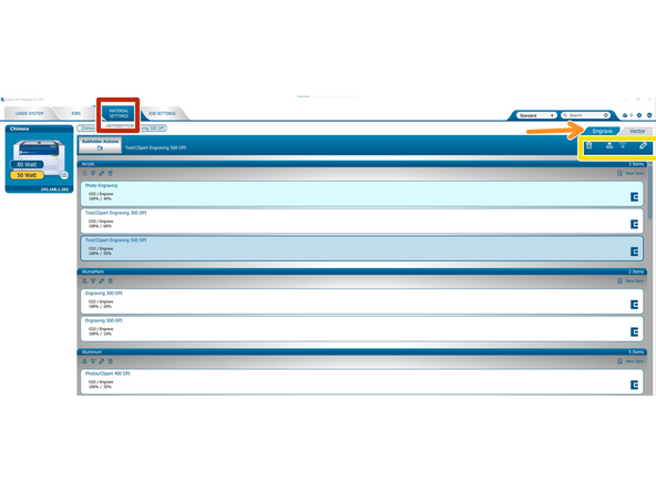 The Material Settings tab is where all of the presets for the Epilog are saved.