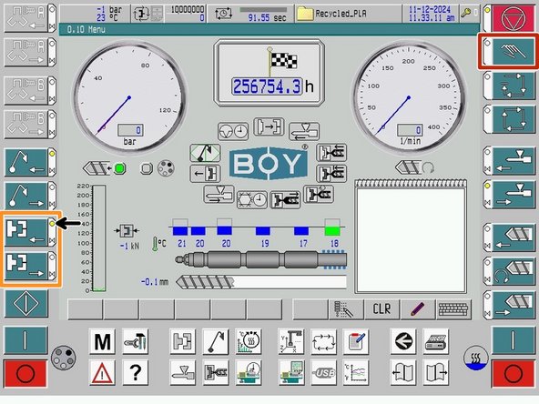 The clamping unit can be moved using the open/close mold buttons in the bottom left.