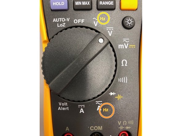 To measure current frequency, set the knob to &quot;A (AC)&quot; you will also see the &quot;Hz&quot; symbol