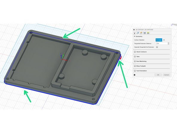 In the geometries tab, select the bottom-most outer contour. (The blue outline, by the green arrows).