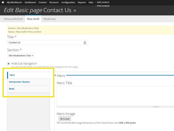 When editing a page of an open-ended format, you will see several sections on the left sidebar (e.g. Hero, Introduction, Body). Most of the editing will take place in the Body.