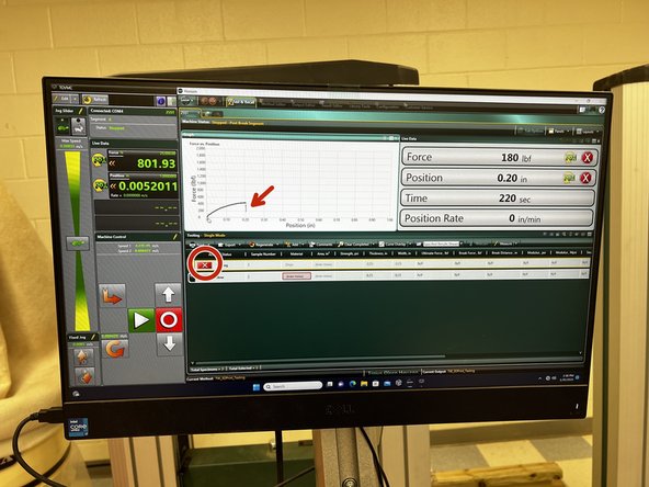 If you see a graph with a steep drop off in force, that means the test piece has failed and you can stop the test by pressing the red “X.”
