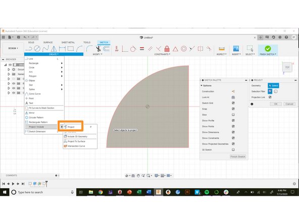 In this example, the sketch is on a construction plane above the wedge shape