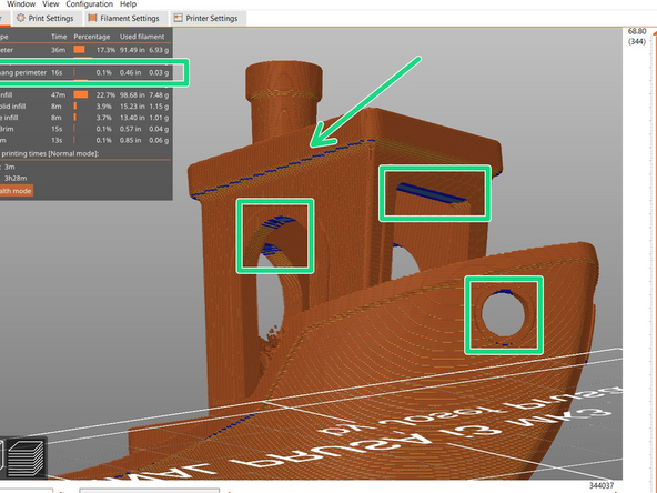 After selecting Slice Now, the blue portions that appear are all places where bridging will occur.