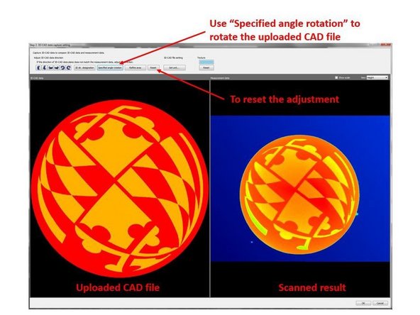 You can manually align the 3D CAD data with the scan result by using Specified angle rotation to rotate the uploaded CAD file