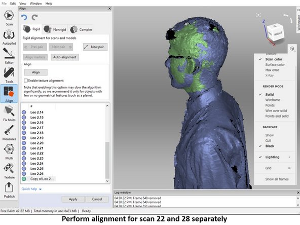 Use erase feature to remove the bottom part (Keeping the top part) for the scan 28 (The copy of scan 22) as shown in the second figure