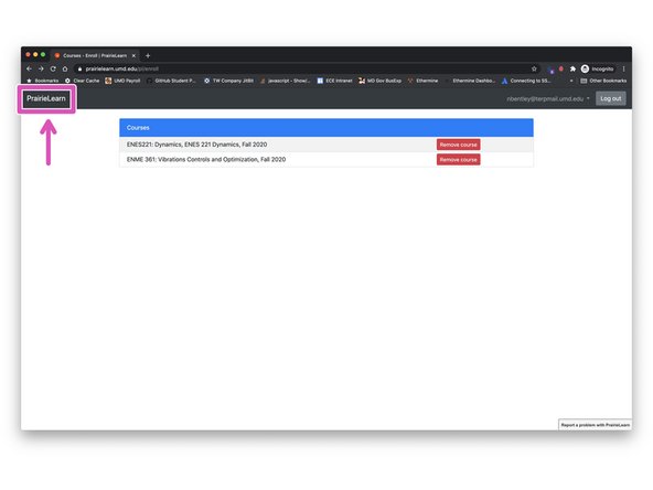 Click the PrairieLearn text to return to the dashboard.