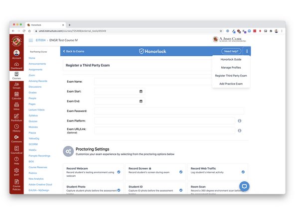 Navigate to your course in Canvas &amp; open the Honorlock LTI tool from the left-hand navigation menu.