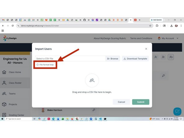 The CSV file upload modal appears
