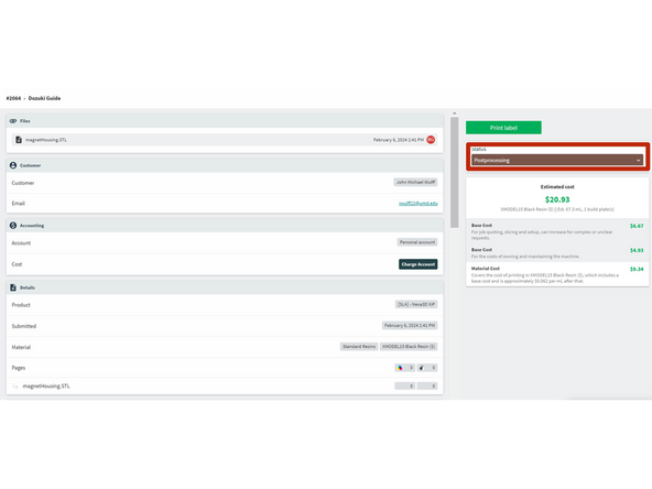 Change the job order to &quot;Post Processing&quot; once the print is done on the Nexa3D XiP and ready for the Wash+Cure