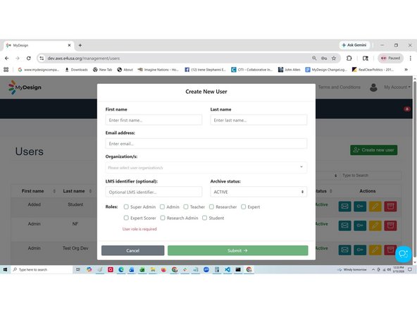 Create New User modal appears