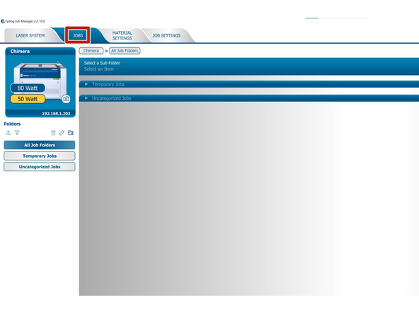 In the Epilog Job Manager, click on the Jobs tab. All of the jobs sent to the JM will be located here, along with the date they were last printed, when they were created, runtime, and settings.