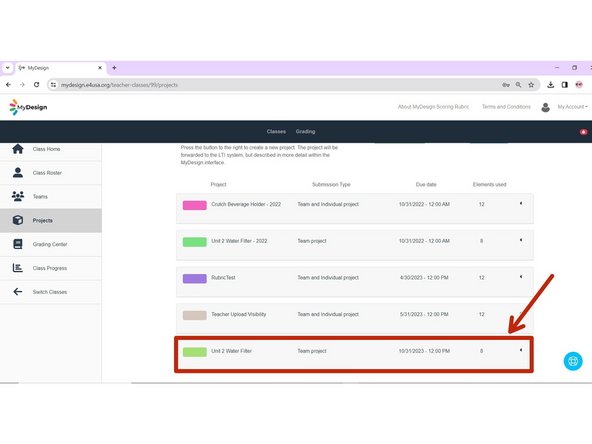 The Manage Projects screen returns with the new project displayed