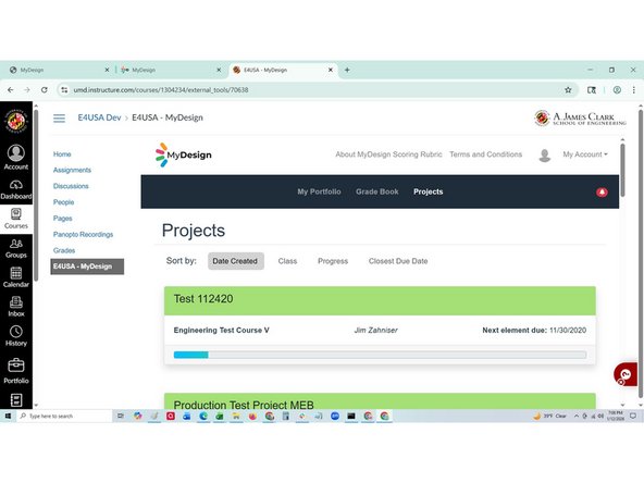 Projects is the student landing page