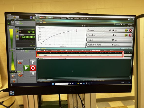 The test is now complete. Take note of the break force and record it on the tracking sheet in the AFL along with your name