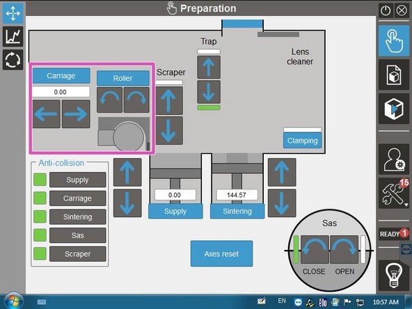 CARRIAGE lets you move the recoater left and right. ROLLER lets you rotate the recoater roller