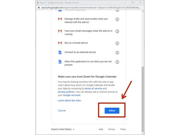 Scroll down to the bottom of the permissions screen and click the blue Allow button.
