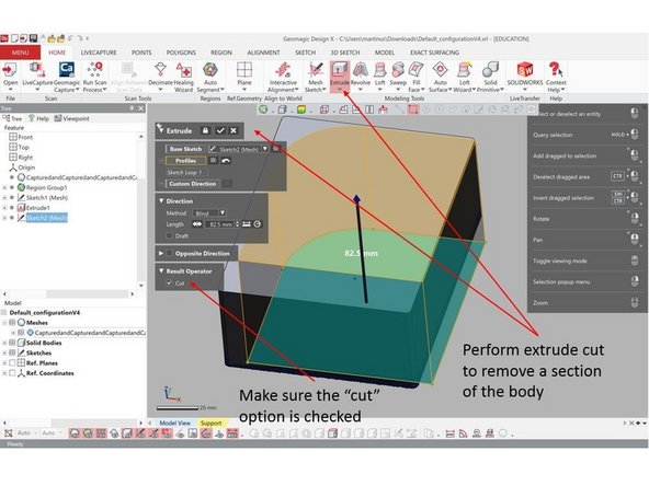 Before performing an extrude cut, create a sketch of the internal section of the geometry as shown in the figure using Mesh Sketch  as explain in the previous step