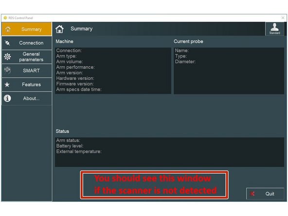 The RDS Control Panel is needed to manage the Hexagon ARMs scanner. It is used to check if the PC detects the arm