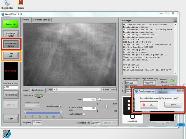 Select the &quot;Approach Sample&quot; button on the left NanoWrite sidebar and click &quot;OK&quot; on the confirmation window that appears.