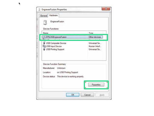 Select the device Epilog Engraver then click Properties.