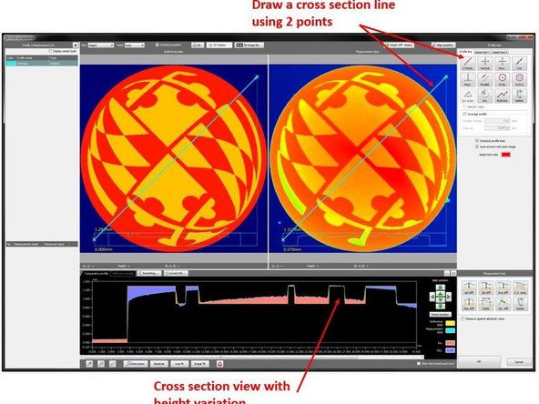 By drawing a cross section line across the part, you can get the cross section plot of both the scan result and the CAD model with the height different between them (See the second figure)