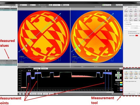 By using measurement tool from the bottom right window, you can measure the local or average height variation (See the third figure)