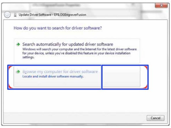 Use the Browse key to direct your computer to your disc drive that contains the Epilog driver disc that you inserted earlier in this process. (You can also download the latest driver from epiloglaser.com/ tech-support/epilog-drivers.htm.)