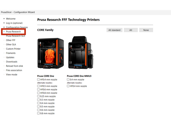 Skip to the Prusa Research tab and check the boxes next to the following printers...