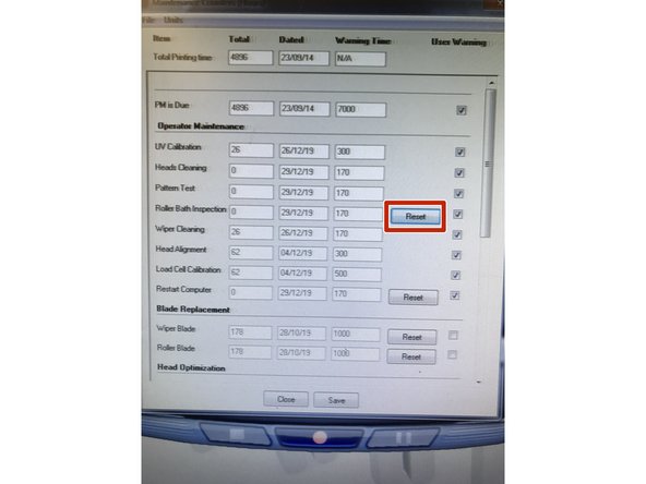 Hit &quot;Reset&quot; next to &quot;Roller Bath Inspection&quot;