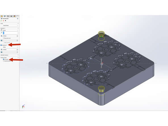 Extrude cut 11mm counterbore pattern from 'Custom Mold Guide' by 6.2mm on both sides, and set the feature scope to all parts.
