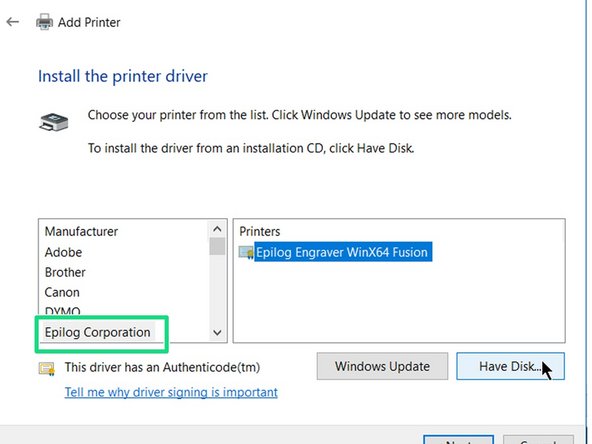 Select &quot;Epilog Corporation&quot;, Click &quot;Next&quot;.