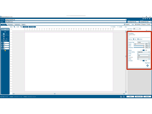 The righthand side of the preview tab is where all of the cut/engraving settings are managed.