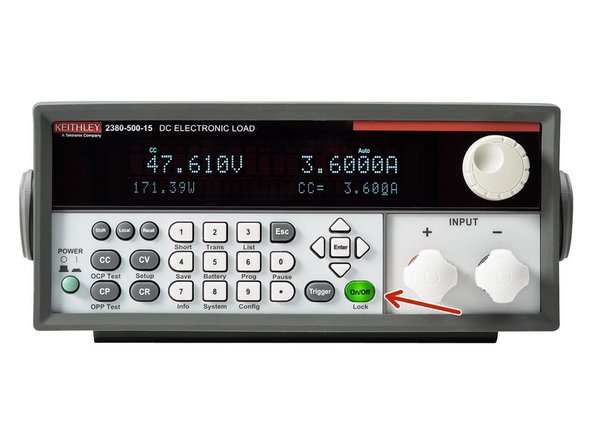 You can control the input of the electronic load by pressing On/Off on the front panel. If the On/Off key is lit up, the input is on, and the OFF indicator on the display will disappear. If the On/Off key is off, the OFF indicator on the display will appear.