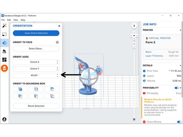 You can rotate the model an exact amount about the X, Y, and Z axes by typing a value where it says &quot;Orient _&quot;