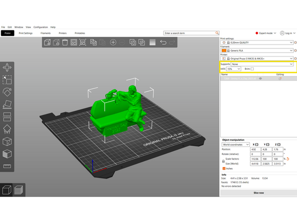 The section below profile selection has tools to add/edit supports, infill percentage, and brims.