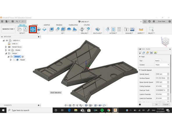For the first operation, we want to use the face tool to face off the extra stock above the part. Select &quot;Face&quot; in the 2D section above. This will open the facing menu to the left.