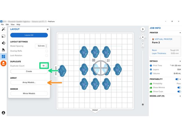 You can make copies of a model by inputting the desired amount of copies in &quot;Duplicate Count&quot; the clicking &quot;Create&quot;
