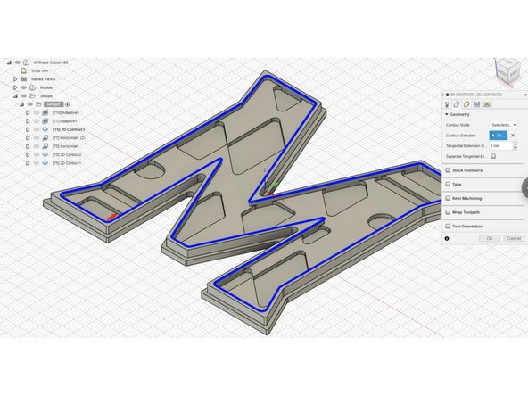 The next operation is 2D Contour. We want to clean up the inside contour of the M to machine it to final dimension and make the cut smooth.