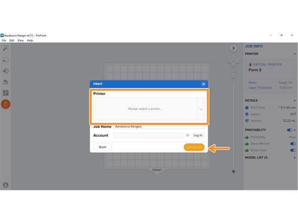 To upload to a printer, select the orange Formlabs button, select a printer you are connected to, and click upload