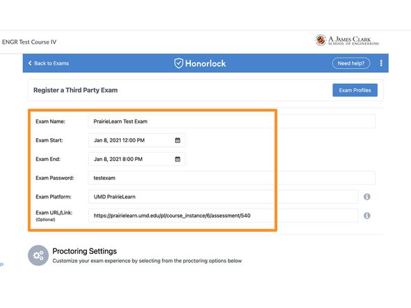 In the Honorlock app within Canvas, click the three dots in the upper right corner and choose the option for Register Third Party Exam. This is how we will tell Honorlock about the PrairieLearn exam.