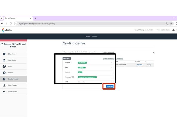 Filters have been selected for Student Name, Team Name, Element, and Document Ttile