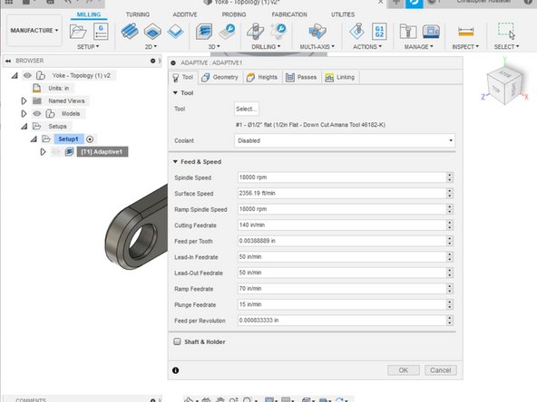 Tool tabs auto fills based on tool library information. For this operation we will be using the 1/2in Flat endmill.