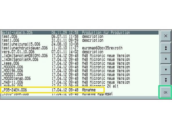 To load a specific file for the material that will be injected, press Load setup data record